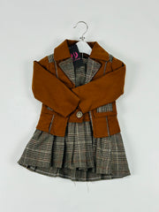 Girls’ Autumn Camel Blazer & Plaid Pleated Dress Set