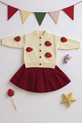 Girls Strawberry Knit Woolen Frock | Red & Cream