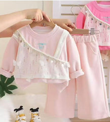 Pink Butterfly Lace Overlay Sweatshirt and Pant Set