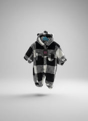 Black & White Buffalo Plaid Fleece Hooded Romper
