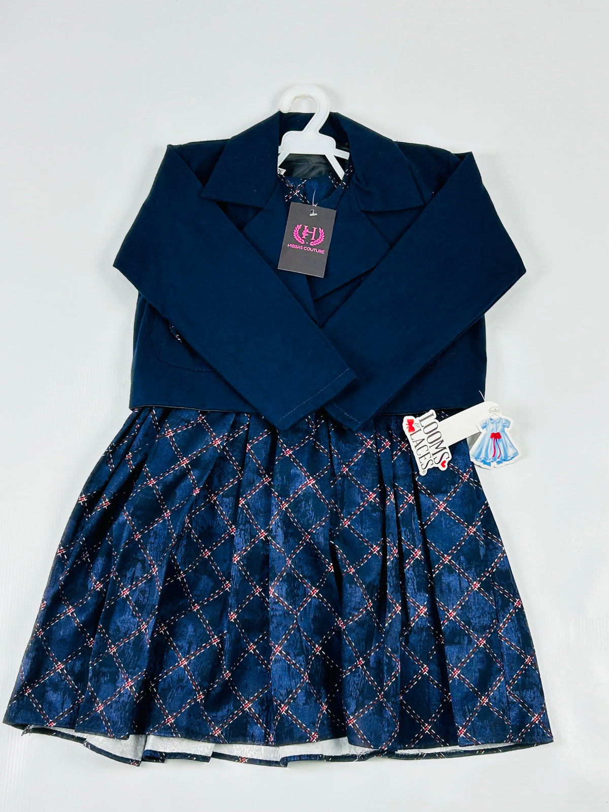 Girls’ Midnight Blue Diamond Lattice Dress & Jacket Set