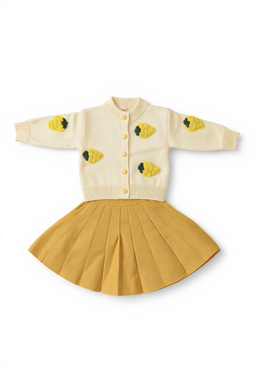 Girls Pineapple Woolen Frock | Yellow & Cream