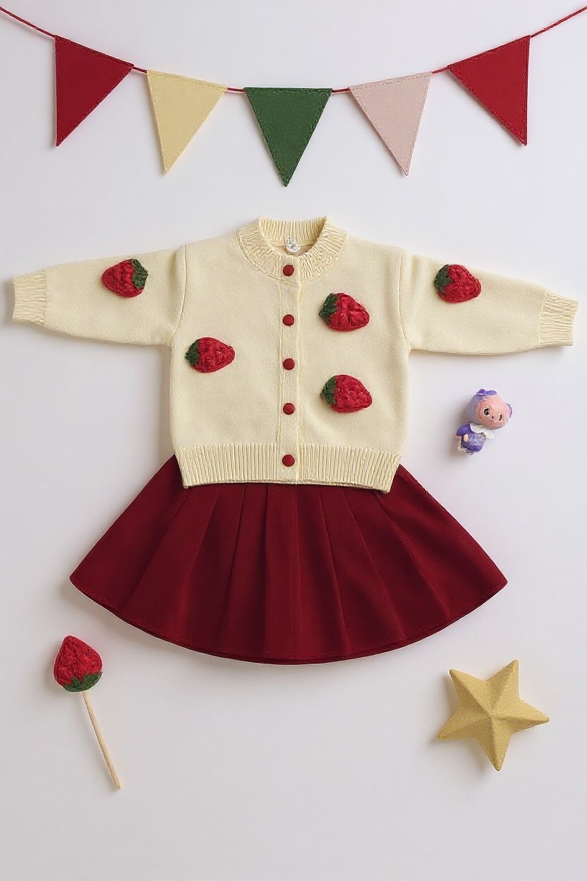 Girls Strawberry Knit Woolen Frock | Red & Cream