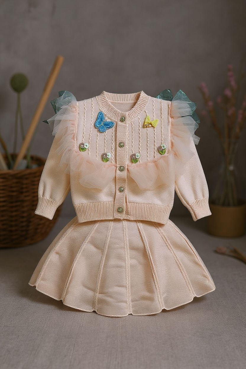 Girls Peach Butterfly Woolen Frock | 2 Piece Set