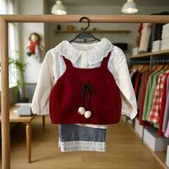 Chery Charm Knitted Top & Lace Shirt Set