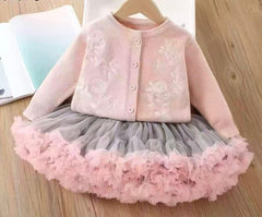Girls Pink & Grey Tulle Knitted Dress