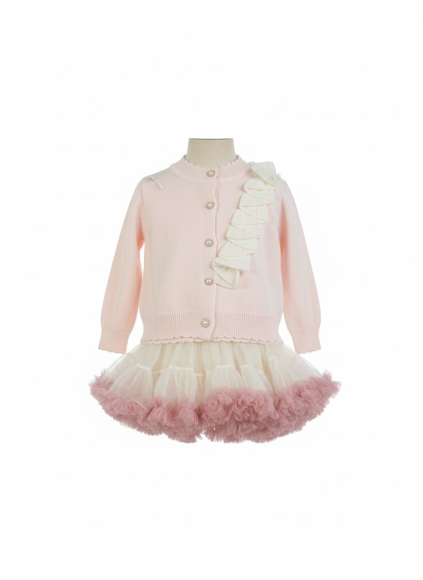 Elegant Girls’ Pink Knit Cardigan & Tulle Skirt Dress Set