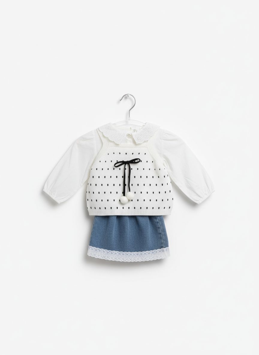 Classic White Knit Top & Denim Skirt Set