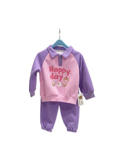 Pastel Purple "Happy Day" Polo-Collar Sweatshirt & Jogger Set