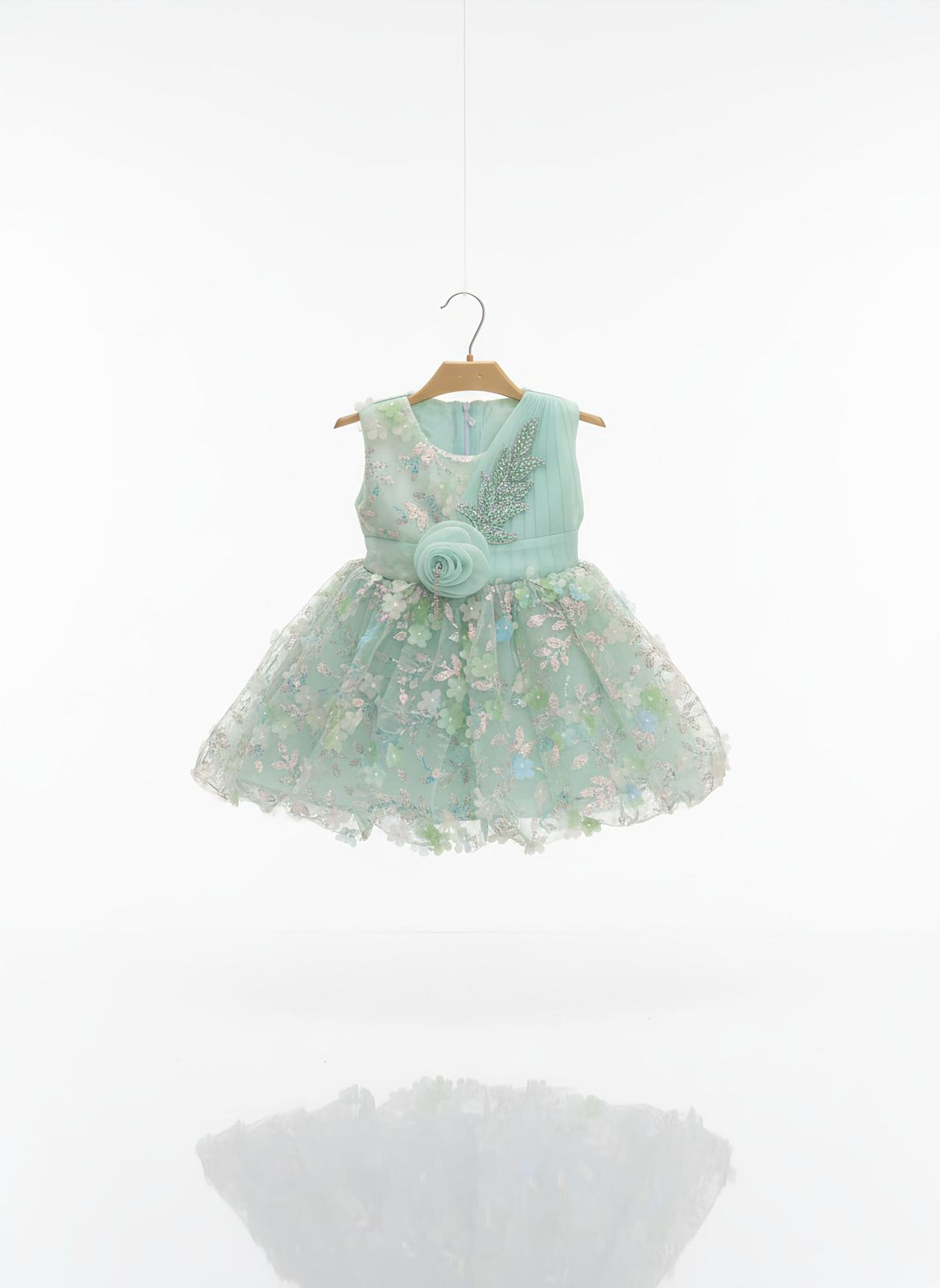 Mint Green Floral Appliqué Tulle Party Dress