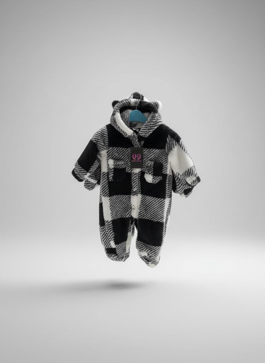 Black & White Buffalo Plaid Fleece Hooded Romper
