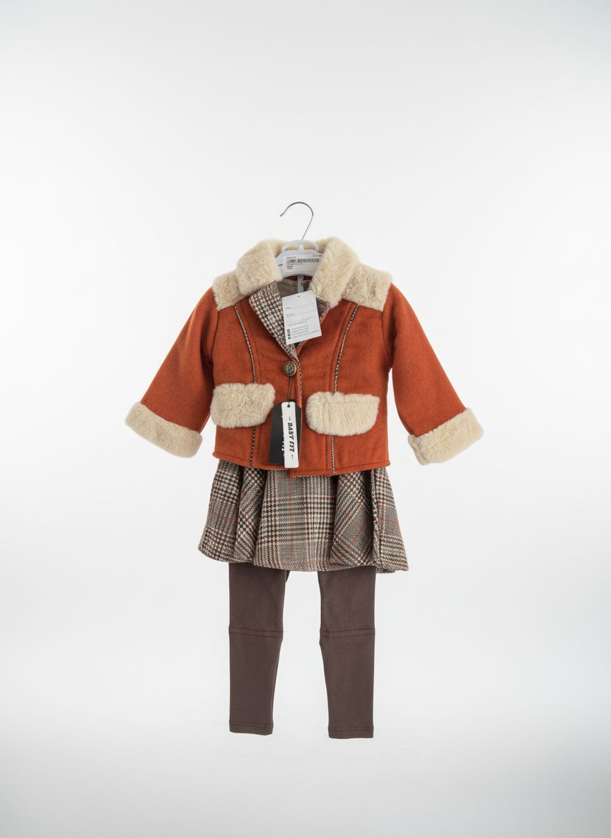 Rust Orange Winter Coat and Plaid Skirt Set